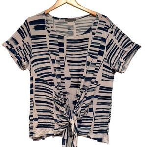 🌈 6/$60 Maldita X Abstract Blouse Top Size XL Teal Grey Short Sleeve Tie Front